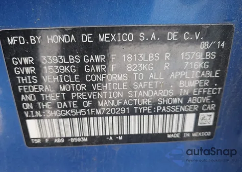 2015 Honda Fit Lx from USA, damaged, VIN 3HGGK5H51FM720291